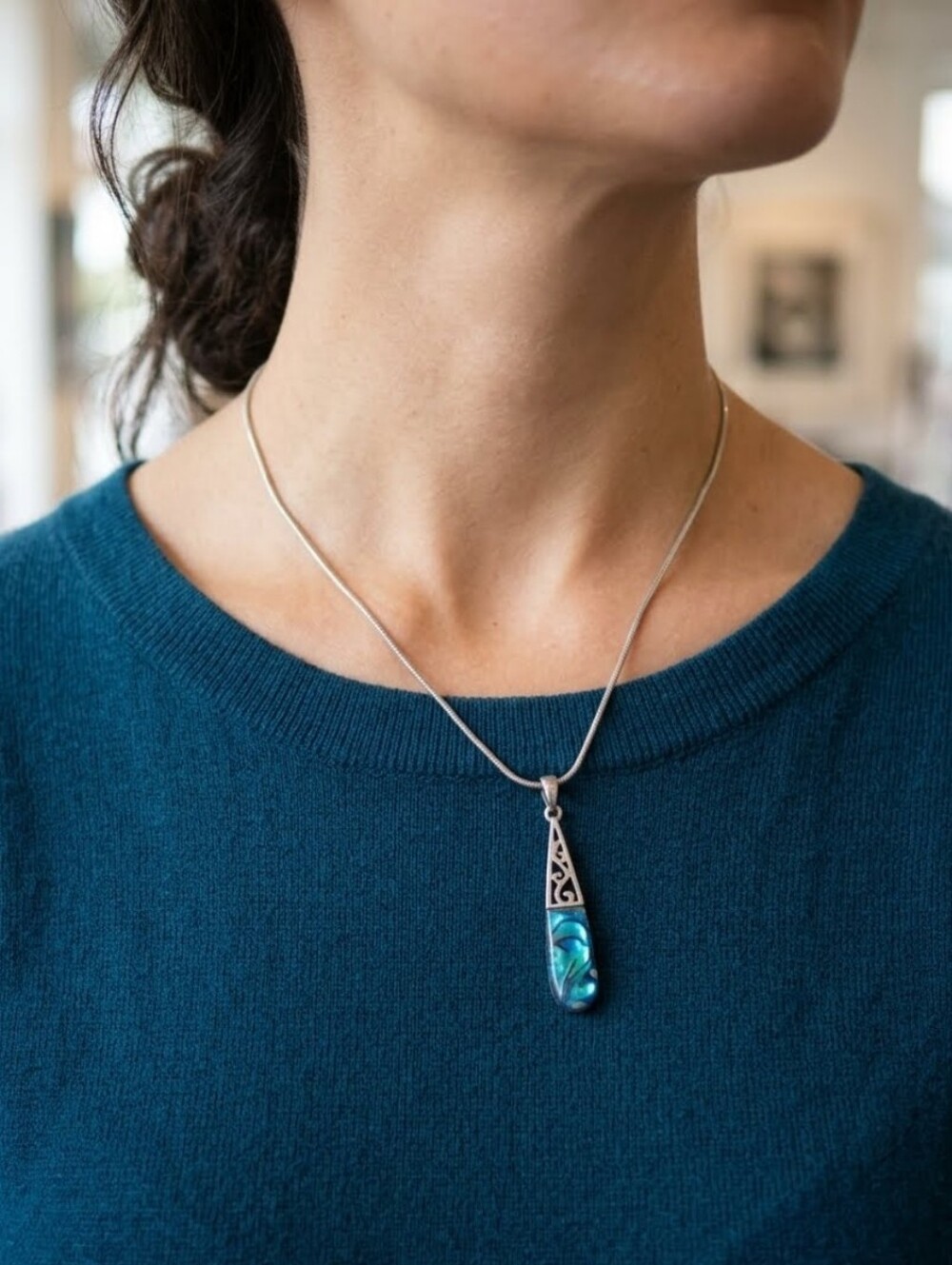 Abalone Shell Pendant With Silver Accent On A Sliver Necklace